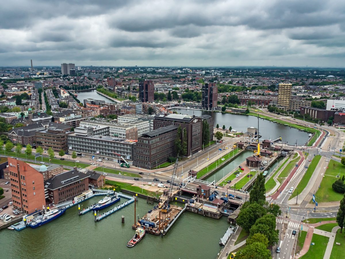 Aerial view shot of Rotterdam city in the Netherlands An aerial view shot of Rotterdam city in the Netherlands